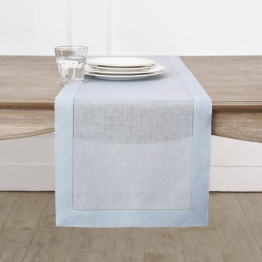 Solino Home Linen Light Blue Table Runner 72 Inches Long - 100% Pure Linen Hemstitch Table Runner 14 x 72 Inch for Dresser, Dining - Classic Hemstitch