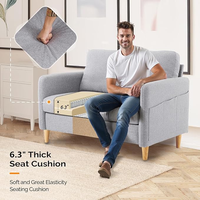 VINGLI 47" Small Couch, Linen Loveseat Sofa Light Grey Mini Couch Mid Century Modern Decor Love Seat for Small Spaces Living Room, Bedroom, Play Room