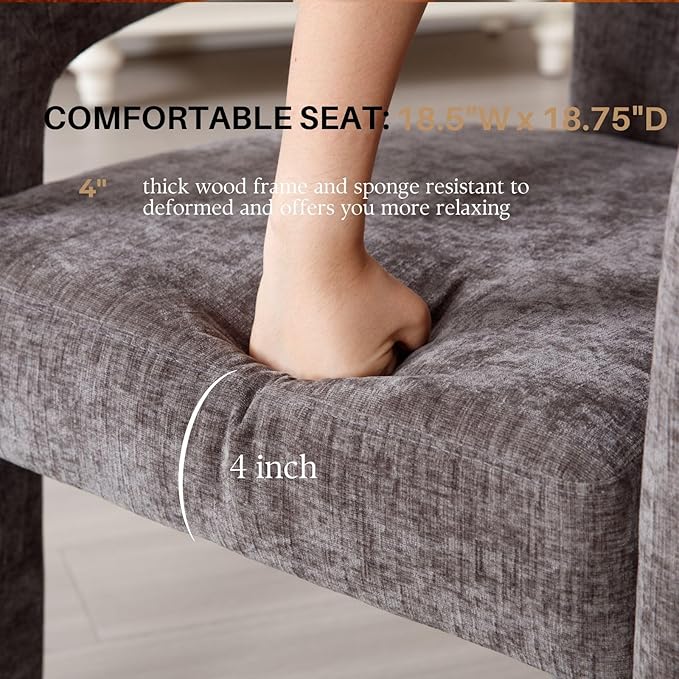 Charcoal Grey Chenille Dining Chairs Set of 4, Modern Barrel Dining Room Chairs Upholstered Accent Chair with Arms and Round Back for Living Room Kitchen Armchair No Assembly Needed