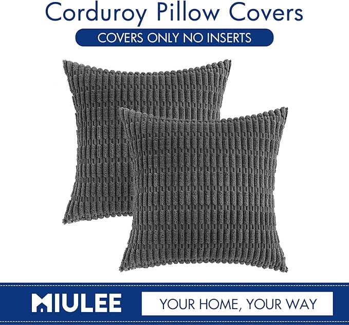 MIULEE Pack of 2 Corduroy Decorative Throw Pillow Covers 18x18 Inch Soft Boho Striped Pillow Covers Modern Farmhouse Home Decor for Sofa Living Room Couch Bed Dark Grey