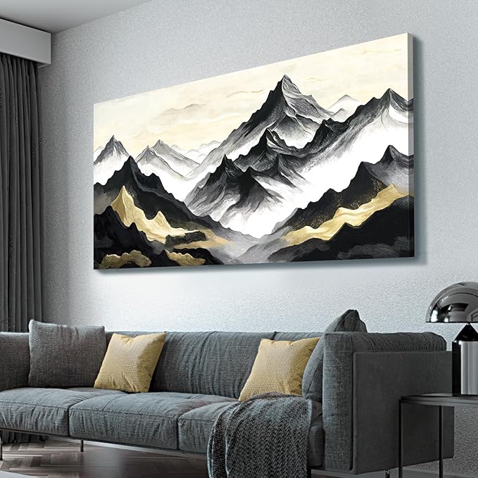 amatop Oversized Wall Art for Living Room Modern Extra Large Abstract Inspirational Mountain Black Gold Canvas Print Landscape Artwork Zen Scenery Picture for Bedroom Office Horizontal Decor 58x29 Inch