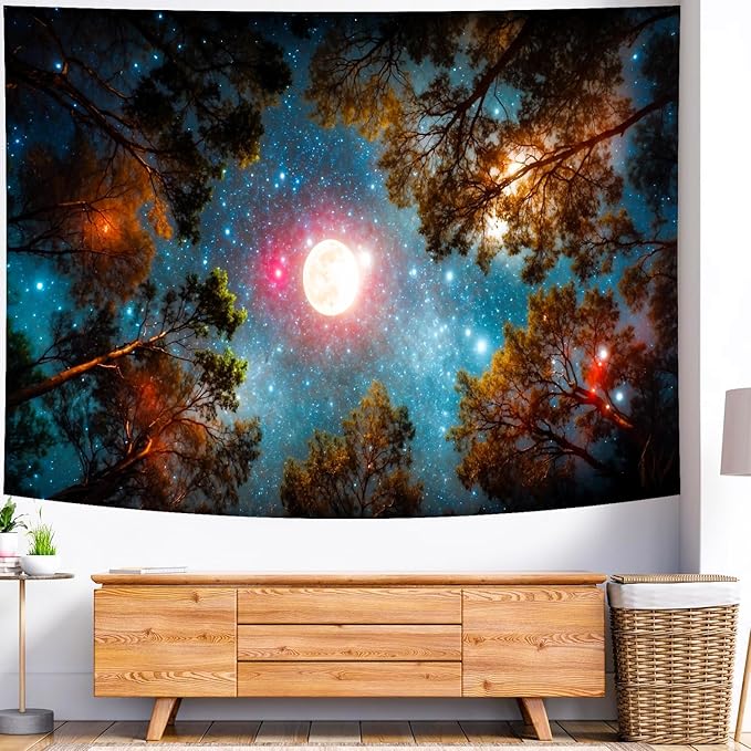 Delur Forest Tapestry Galaxy Moon Stars Night Space Starry Sky Wall Hanging Tapestry Aesthetic Tree Nature Landscape Psychedelic Headboard for Bedroom Living Room Home Decor (70.8" x 92.5")
