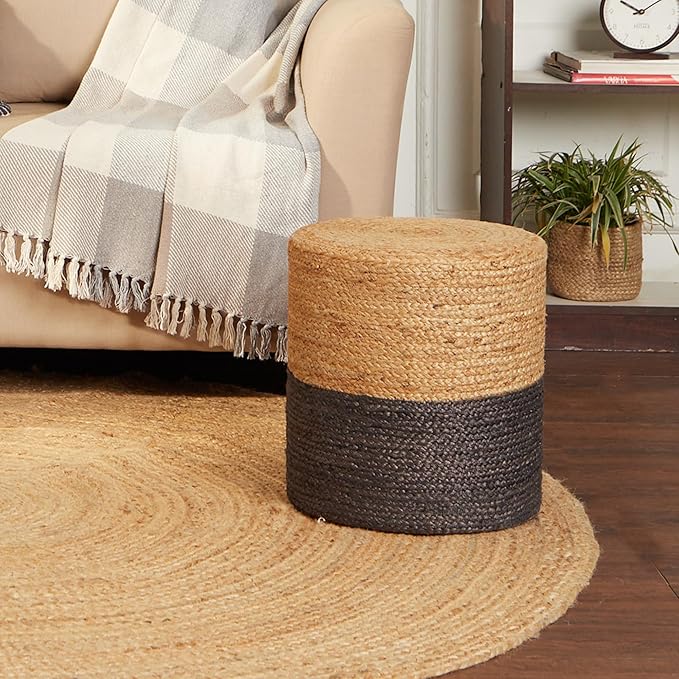 REDEARTH · Cylindrical Pouf Foot Stool Ottoman - Jute Braided Pouffe Poof Accent Sitting Footrest for The Living Room, Bedroom, Nursery, Patio, Lounge & Other Rooms (14.5”x14.5”x16”; Natural Gray)