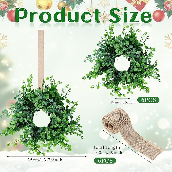6 Pcs Mini Green Boxwood Candle Rings Wreaths Green Kitchen Cabinet Wreath 3 Inch Wedding Candle Holder for Front Door Porch Outside All Season Wedding Home Tabletop Decoration