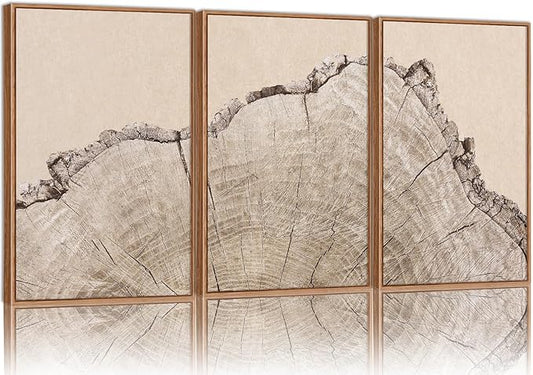 SIGNINART Large Tree Ring Framed Canvas Wall Art Set, Rustic Beige Nature Wooden Wall Decor, Neutral Wood Stump Artwork, Modern Art Prints for Bedroom Living Room Office 16"x24"x3