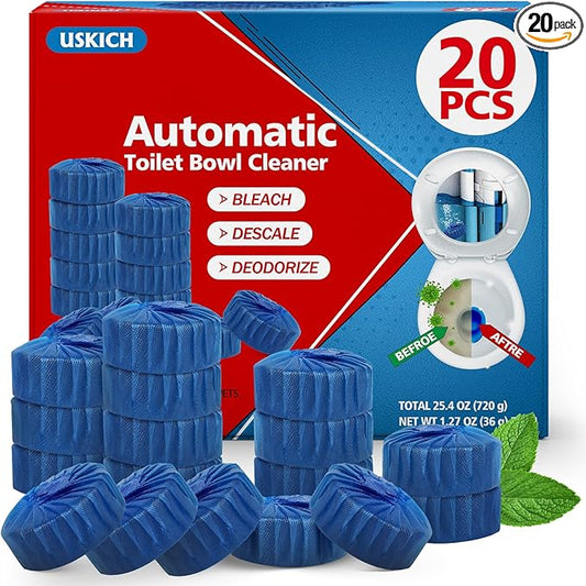 USKICH Toilet Bowl Cleaner Tablets 20 PACK, Bathroom Automatic Toilet Tank Blue Cleaners with Bleach, Slow-Releasing Household Toilet Cleaners for Deodorizing, Descaling, against Tough Stains