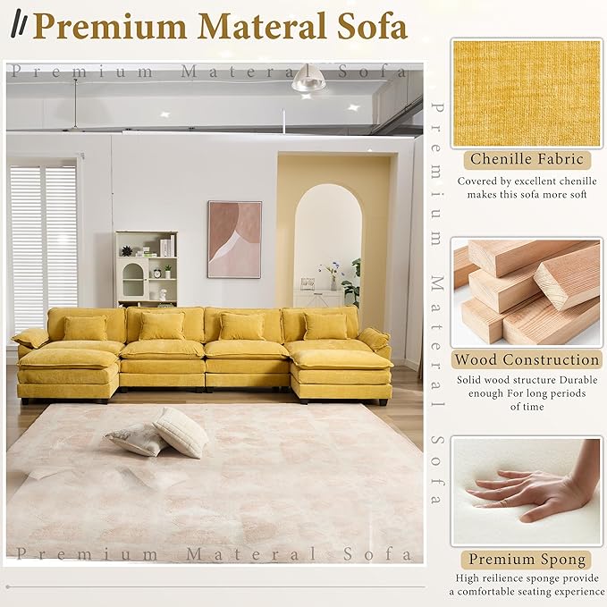 URRED Modular Sectional Sofa Comfy Cloud Couch, Modern Chenille Sofa Sleeper Deep Seat Couches with Ottoman/Pillows for Living Room (Yellow, 154'' - U Shape)
