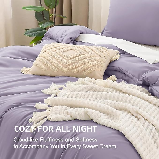 Litanika Grayish Lavender Purple Comforter Set King Size, 3 Pieces Lightweight Solid Bedding Comforter Set, All Season Fluffy Bed Set (104x90In Comforter & 2 Pillowcases)