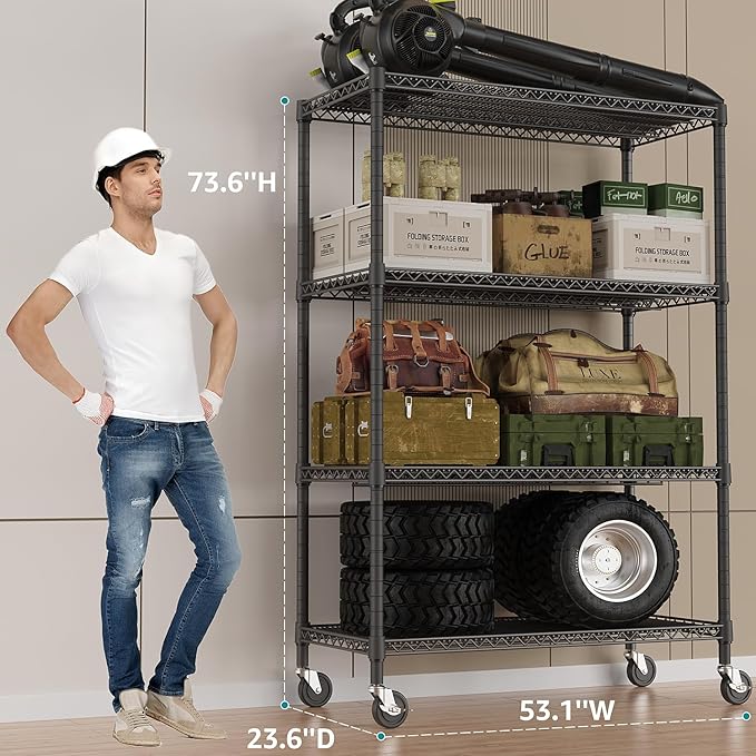 IZEUK Garage Shelving Wide Storage Shelves 4 Tier Metal Shelves 3200 LBS Heavy Duty Adjustable Utility Shelf Rack Black 23.6" D x 53.1" W x 73.6" H
