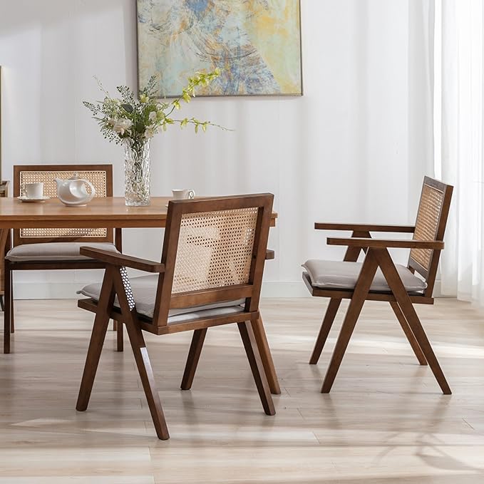 Rattan Dining Chairs Set of 4, Farmhouse Wicker Dining Chairs with Removable Linen Cushion Accent Cane Armchair for Dining Room Kitchen Restaurant, Walnut
