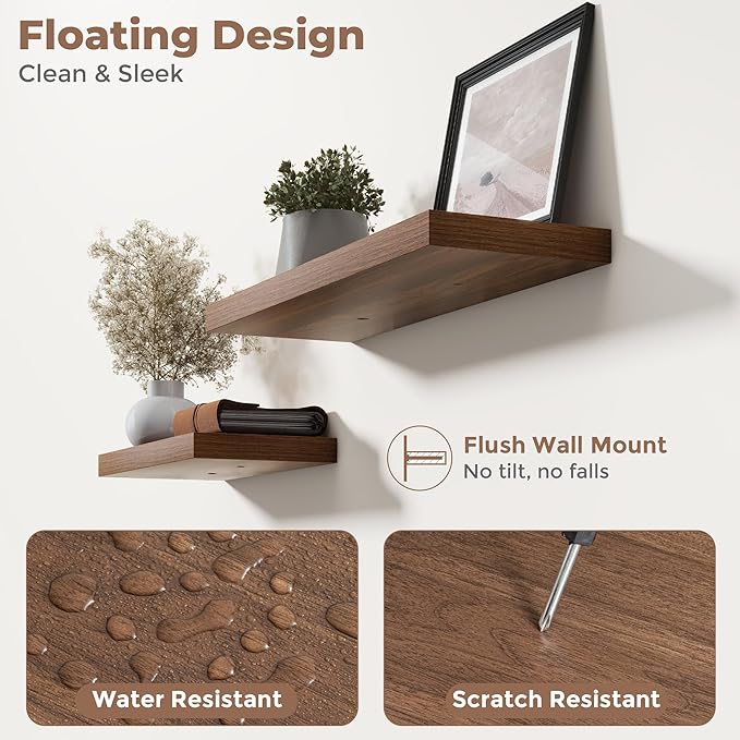 55 Inch Floating Shelves for Wall Set of 2, 8"D Wood Grain Bathroom Shelves with Invisible Brackets, Easy Install Engineered Wood Storage Shelves for Kitchen, Living Room, Bedroom, Walnut Finish