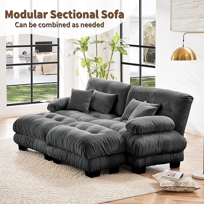 Loveseat Modular Sectional Sofa, U Shaped Couch with Ottoman, Cloud Couch Sectional Couch Home Sofa Living Room Oversized Couch Deep Seat Couch with Round Bolster Armrests 4 Pillows(Gray)