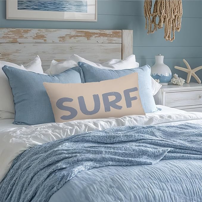 Coastal Beach Surf Room Decor 12x20 Pillow Cover, Nautical Coastal Beach Retro Surf Decorative Lumbar Pillow Covers for Girls Boys Bedroom College Dorm Sofa Couch