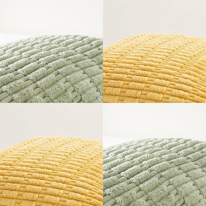 Fancy Homi Set of 4 Spring Boho Decorative Throw Pillow Covers 16x16 Inch for Couch Bed Sofa, Sage Green Yellow Room Decor, Soft Fuzzy Fluffy Cozy Corduroy Textured Cushion Case 40x40cm