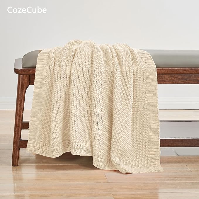 CozeCube Beige Throw Blanket for Couch, Soft Cozy Cable Knit Throw for Bed Sofa Living Room, Lightweight Warm Decorative Farmhouse Christmas Blanket, 50"x60", Light Beige