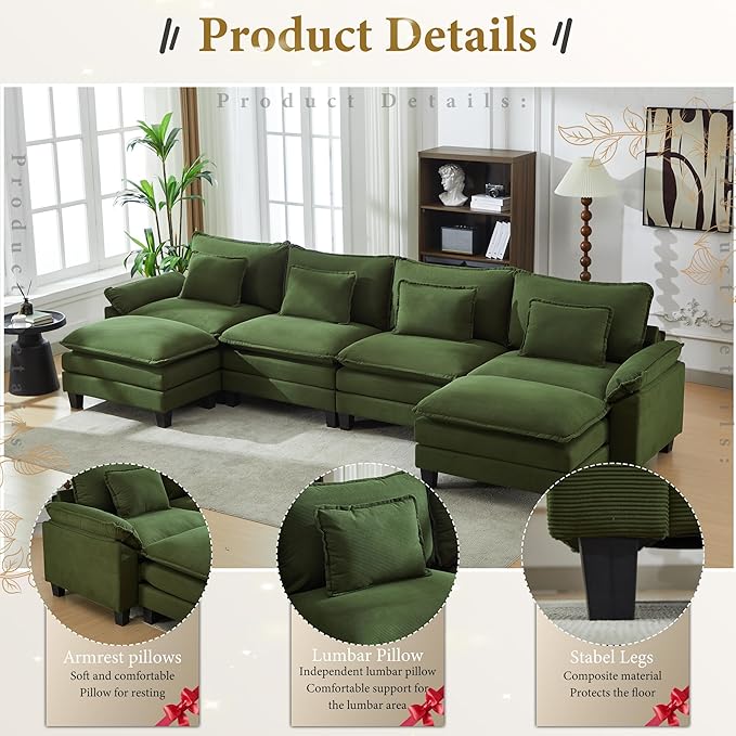 URRED Modular Sectional Sofa Comfy Cloud Couch, Modern Corduroy Sofa Sleeper Deep Seat Couches with Ottoman/Pillows for Living Room (Green, 154'' - U Shape)