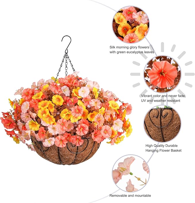 Artificial Fall Flowers Fake Hanging Plants Flowers Basket for Outdoors Autumn Decoration, Silk Morning Glory with Eucalyptus Look Real UV Resistant Faux Flowers for Outside Porch Patio Balcony, Mix
