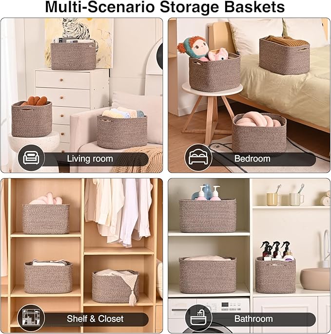 Storage Baskets for Organizing Shelves, Woven Cotton Rope Bins for Baby Nursery Organization, Book Toy Towel Organizer, 15"x11"x9.5", 3 Packs, Dark Brown