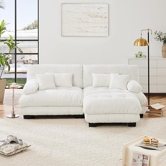 Loveseat Modular Sectional Sofa, L Shaped Couch with Ottoman, Cloud Couch Sectional Couch Home Sofa Living Room Oversized Couch Deep Seat Couch with Round Bolster Armrests 4 Pillows(White)