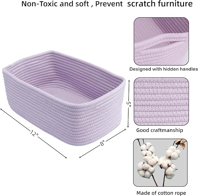 Small Woven Storage Baskets 12“X8”X5“ Decorative Rope Bins for Organizing Shelves, Closets, and Toys, Empty Gift Baskets, Cute Organizer Basket for Home and Office (purple, regular)