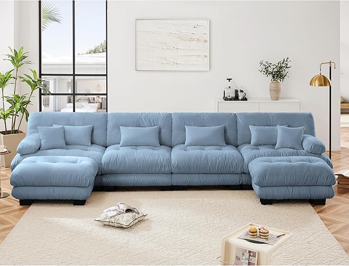 Modular Sectional Sofa, Comfy Cloud Couch 4 Seater Couch with Ottoman, Sectional Couches for Living Room, Modern Chenille U Shaped Couches, Sleeper Deep Seat Sofa with Throw Pillows, Blue
