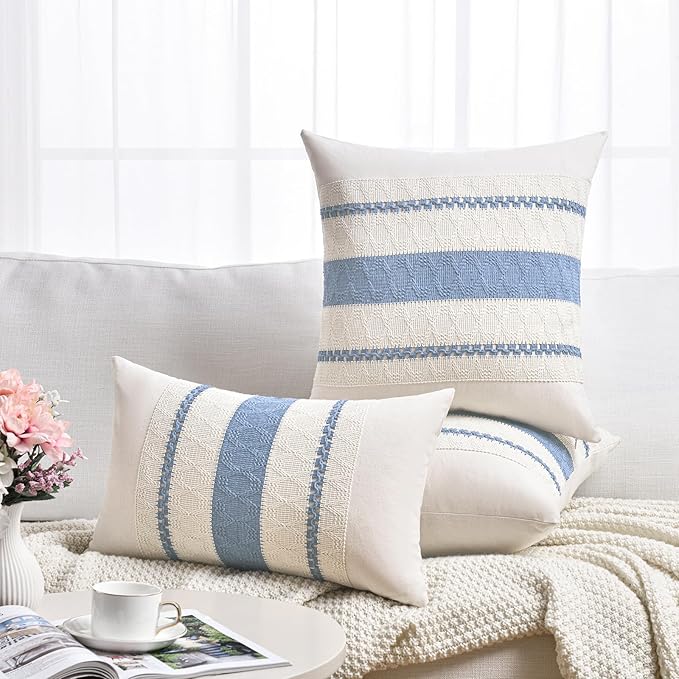 Fancy Homi Set of 2 Boho Light Blue Decorative Throw Pillow Cover 16x16 Inch for Couch Bed Sofa, Aesthetic Modern Organic Farmhouse Home Decor, Soft Cotton Cute Accent Macrame Woven Cushion Case