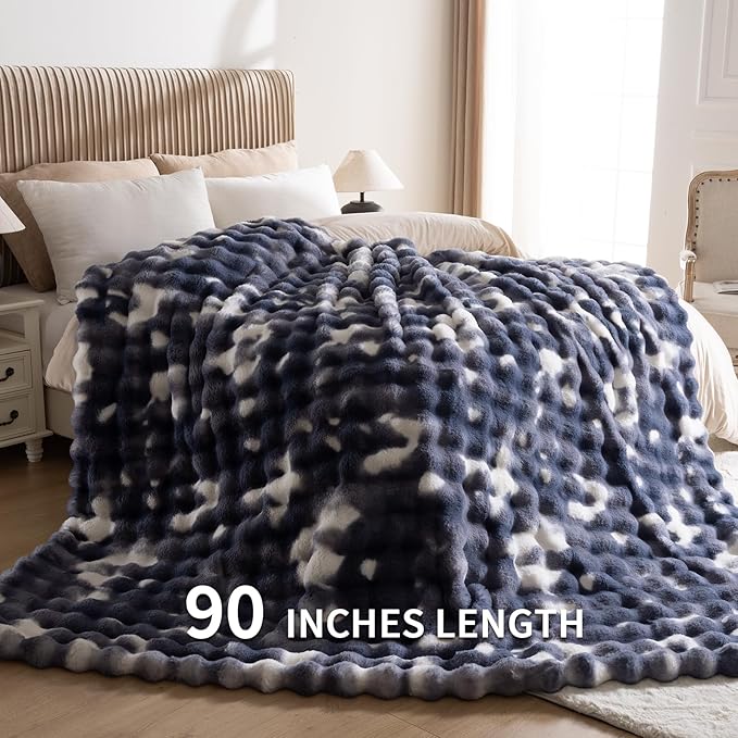 Cozy Faux Fur Throw Blanket for Bed Warm Fuzzy Throw Blanket, Soft Plush Thick Bubble Blankets for Bedroom and Living Room, Furry Luxury Blanket, 90 x 90,Tie-Dye Blue