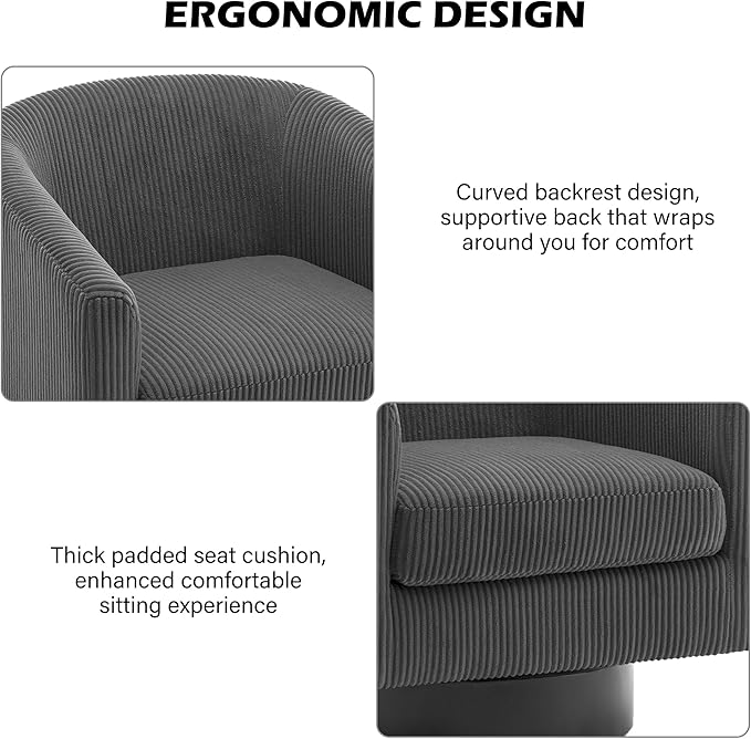 Swivel Barrel Accent Chair, Modern Round Corduroy Fabric Arm Chair for Living Room, Bedroom, Comfy Club Reading Chairs for Adults (Corduroy Grey, Set of 4)