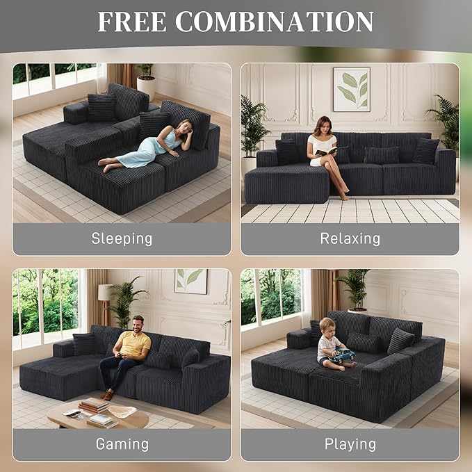 HYJT-H&K Modular Sectional Sofa Cloud Sectional Couch, 107" Comfy Fluffy L Shaped Dark Black Couches for Living Room, Deep Seat Memory Foam Plush Corduroy Boneless Couch Sectionals Left Facing Chaise