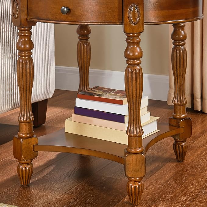 Solid Wood End Table with Drawer and Storage Shelf, Oval Sofa Side Table with Carved Legs, Living Room Corner Table, Large Beside Table, Elegant Vintage, No-Tools Assembly, Caramel Brown CJZ1533MG