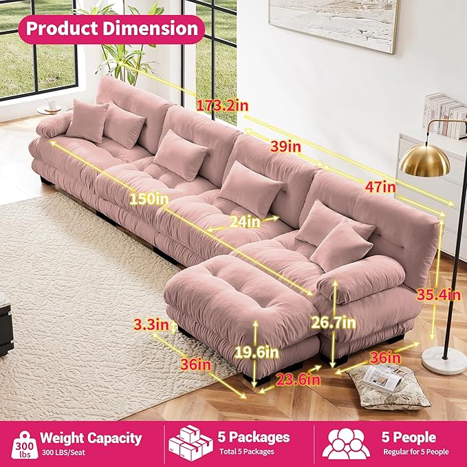 L Shaped Couch Sectional Couch, 4-Seater Cloud Couch Sectional Oversized Couch, Sofa Bed Couch with Round Bolster Armrests 6 Pillows, Modular Couch Home Sofa Living Room Couch(Pink)