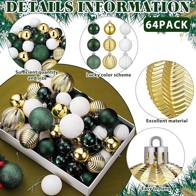 64 Pcs Christmas Ball Ornaments Bulk Green Gold White Christmas Tree Decorations Sets 1.6/1.97/2.4 Inch Shatterproof Glitter Xmas Baubles Assorted Xmas Bulbs Ornaments for Tree Home Decor
