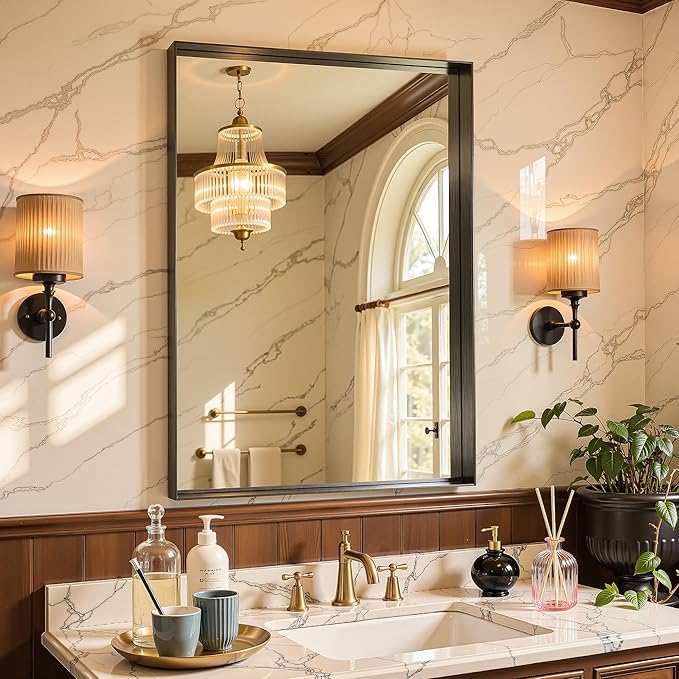 50"x30" Black Framed Bathroom Mirror, Large Rectangular Vanity Mirror, Aluminum Metal Frame, Wall Farmhouse Modern Wall-Mounted Mirrors for Bathroom, Bedroom, Living Room, Over Sink
