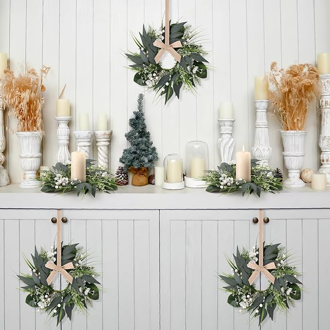 6 PCS Spring Wreaths for Front Door Green Wreath with White Flower Artificial Green Wreath with Ribbon for Pillar Front Door Porch Wall Window Farmhouse Decoration All Seasons