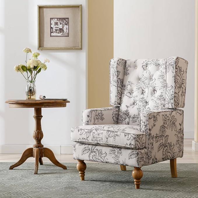 Mid-Century Accent Chair, Upholstered Arm Chair Linen Fabric Side Chair with High Back Solid Wooden Legs, Comfy Reading Chair for Living Room Bedroom, Floral Pattern