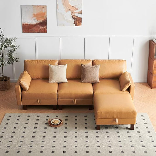 L Shape Modular Sofa, Faux Leather Sectional, 98'' 4 Seater Couch, Mid Century Modern Decor Couch, Office Sectional Sofa Bed, for House, Apartment, Living Room, Tan