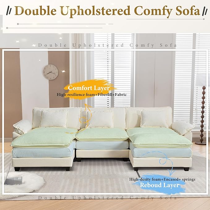 URRED Modular Sectional Sofa Comfy Cloud Couch, Modern Chenille Sofa Sleeper Deep Seat Couches with Ottoman/Pillows for Living Room (White, 117'' - U Shape)