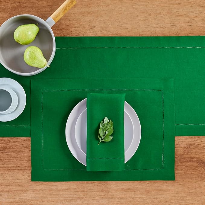 Solino Home Linen Garden Green Table Runner 132 Inches Long - 100% Pure Linen Extra Long Table Runner 14 x 132 Inch - Classic Hemstitch