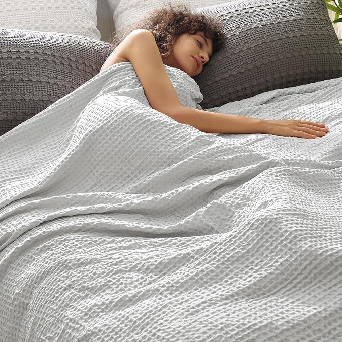 PHF Ultra Soft Waffle Weave Blanket Twin Size 66"x 90"- Washed Lightweight Breathable Cozy Woven Blanket for Bed - Aesthetic Decor for Couch Bedding Sofa Home Car - Light Grey