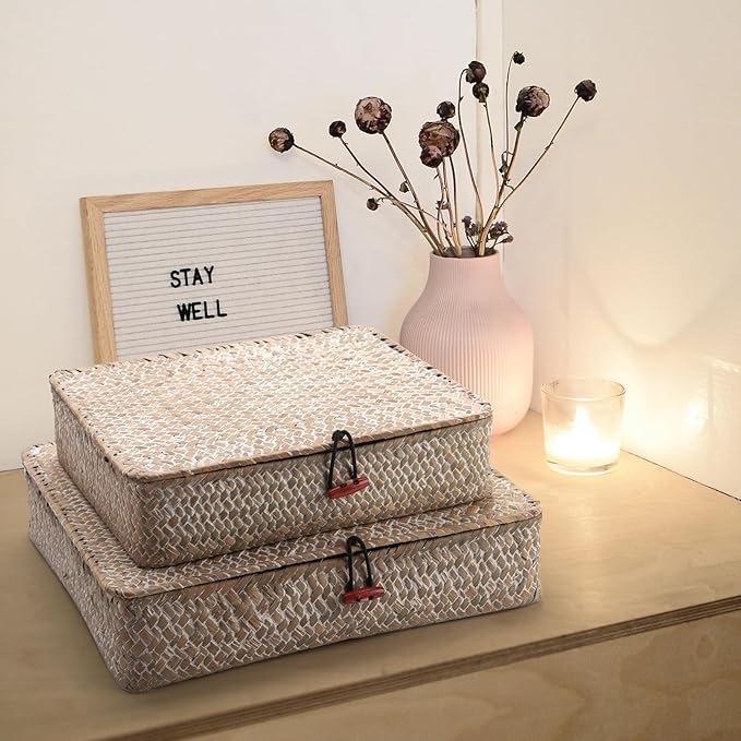 Whitewash Seagrass Basket with Lid Rectangular Decorative Storage Boxes for Shelf Organize Snack Toys Set of 2 (Large+Small)