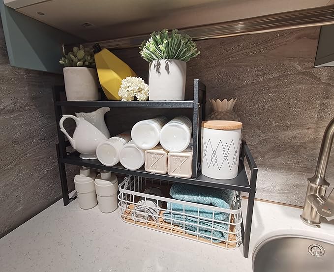 Expandable Cabinet Shelf Organizer 16-26" L Stackable Kitchen Counter Shelf Sink Rack Countertop Storage Black (Wide 10.6”D)