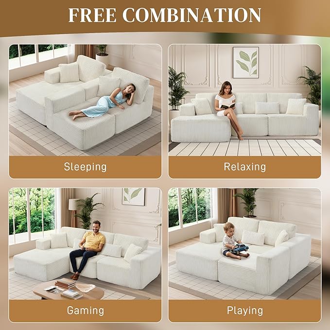 HYJT-H&K Modular Sectional Sofa Cloud Sectional Couch, 107" Comfy Fluffy L Shaped White Couches for Living Room, Deep Seat Memory Foam Plush Corduroy Boneless Couch Sectionals Left Facing Chaise Sofa