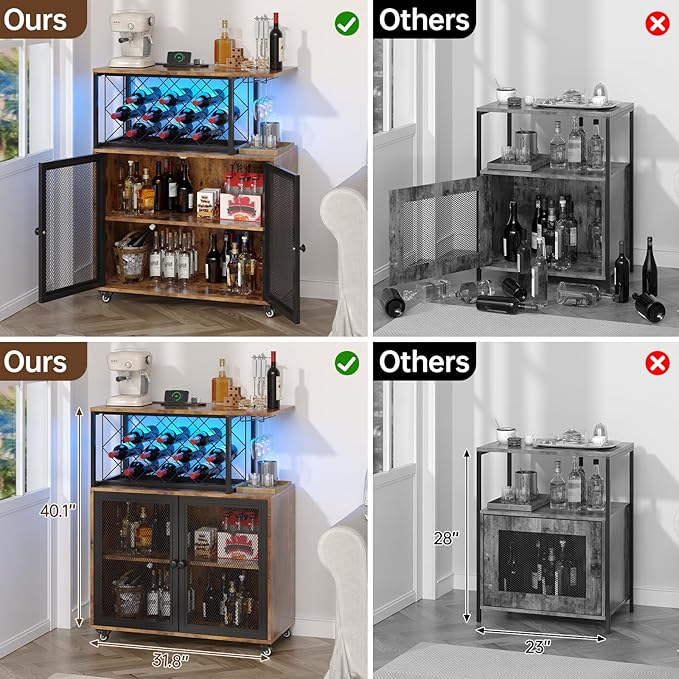 Wine Bar Cabinet with Wheels, 4-Tier Bar Cart with Power Outlets and LED Light, Liquor Cabinet Home Mini Bar with Wine Rack, Coffee Bar Cabinet for Liquor, Rustic Brown