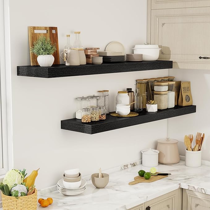 55 Inch Floating Shelves, 12" Deep Floating Shelf Wall Mounted, 55" Wall Shelves, Rustic Deep Bookshelf, Extra Deeper & Thicker Display Shelves for Bedroom, Living Room, Black, Set of 2