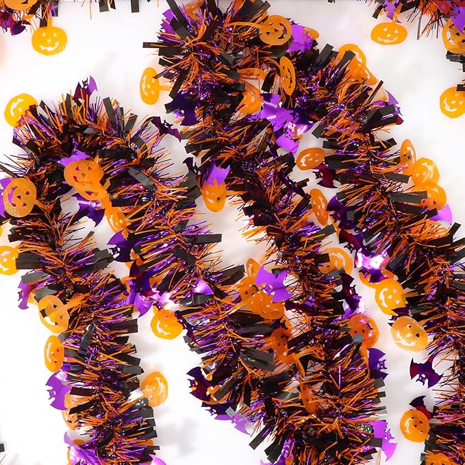 50 Ft Halloween Tinsel Garlands,Funny Pumpkin Purple Bats Shiny Metallic Twist Foil Tinsel Garland Hanging Holiday Decorations for Home Indoor Outdoor Festivities Party Decor