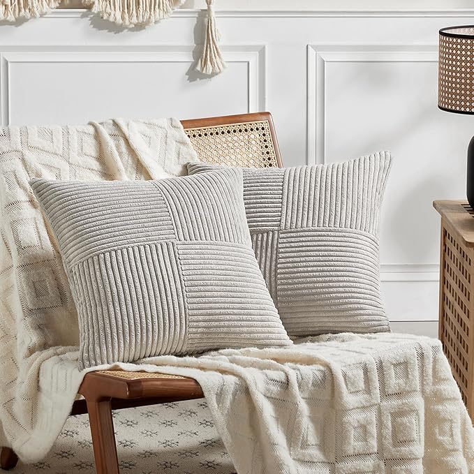 Fancy Homi 2 Packs Neutral Grey Euro Decorative Throw Pillow Covers 28x28 Inch for Couch Bed Sofa, Rustic Farmhouse Boho Home Decor, Soft Corss Corduroy Patchwork Textured Square Cushion Case 71x71 cm