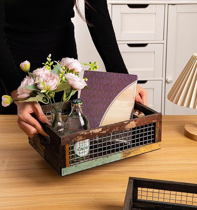 TIMRIS Set of 2 Rustic Wooden Countertop Baskets, Farmhouse Distressed Nesting Boxes, Small Decorative Wooden Storage Crates, Reclaimed Wood Organizer Baskets with Wire Mesh (Random)