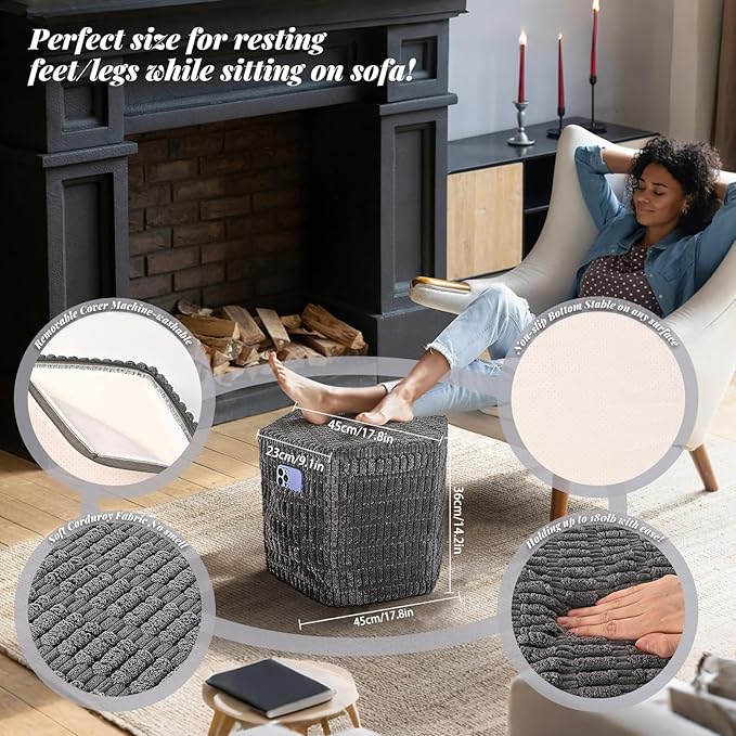 Hexagon Pouf Ottoman Stuffed with 2 Pockets & Handle, Comfort Corduroy Poufs, Non-Slip Foot Stool Storage Ottoman, Foam Floor Poufs Foot Rest for Couch, Bedroom (Gray)