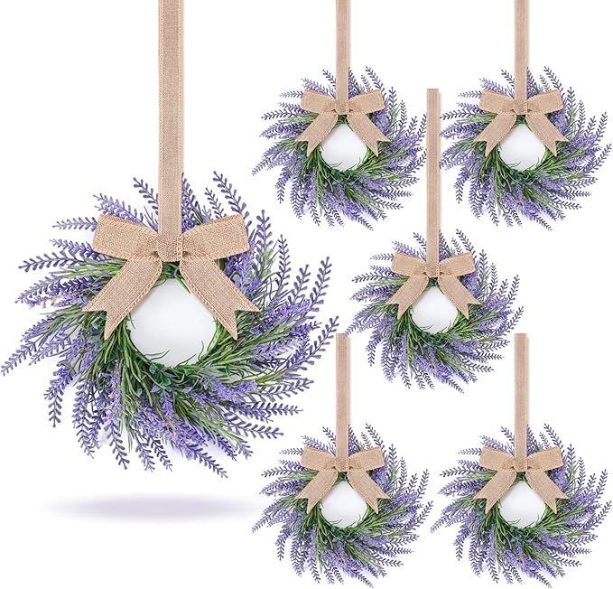 6 Pcs Lavender Candle Ring Pillar Wreaths Mini Purple Wreath Table Centerpieces 9 Inch Wreath for Cabinets Artificial Farmhouse Lavender Wreaths for Front Door Porch Wall Window