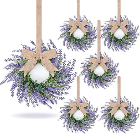 6 Pcs Lavender Candle Ring Pillar Wreaths Mini Purple Wreath Table Centerpieces 9 Inch Wreath for Cabinets Artificial Farmhouse Lavender Wreaths for Front Door Porch Wall Window
